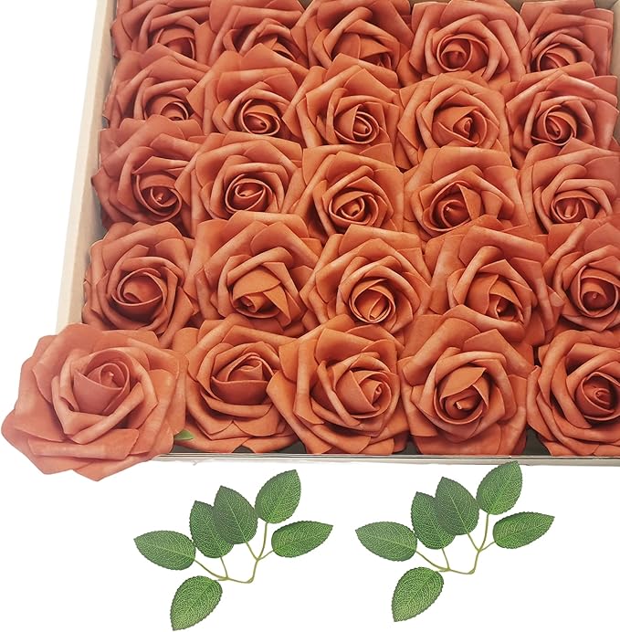 Artificial Rose Flowers 25pcs, Orange Foam Fake Rose Faux Flower for Wedding Bouquets Bridal Shower Centerpieces Floral Arrangements Home Decorations Party Backdrops Table