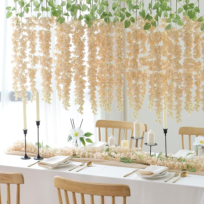 mizii 6Pcs Beige Wisteria Hanging Flowers 48" Silk Wisteria Artificial Flowers Garland Vines Fake Hanging Flowers Decoration for Wedding Flower Wall Backdrop Centerpieces Party Room Decor (Beige)