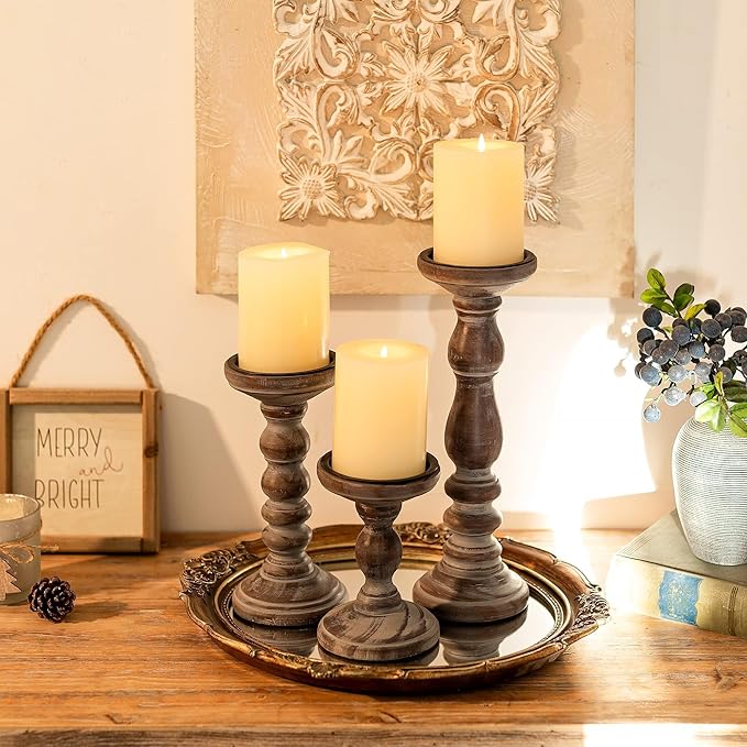 Wood Pillar Candle Holder: 3Pcs Rustic Candle Holders for Pillar Candles Wood Candle Holders Distressed Wooden Farmhouse Large Candle Holder for Fireplace Table (Brown, 6", 8", 12")