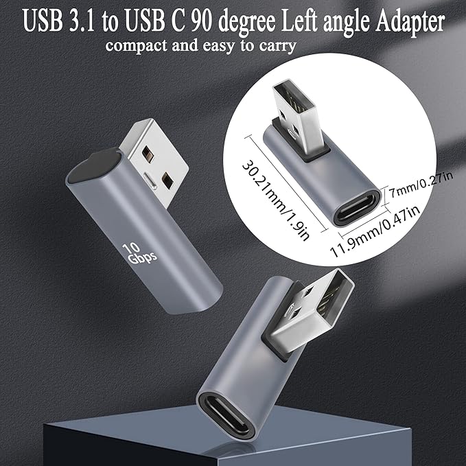 QIANRENON 90° Angle USB C to USB Adapter 10Gbps USB 3.1 Male to USB C Female Left Angle L-Shape Connector,Al Alloy Support 100W Charging, for PC Laptop Tablet, 2Pcs (Left Angle Vertical Bend)