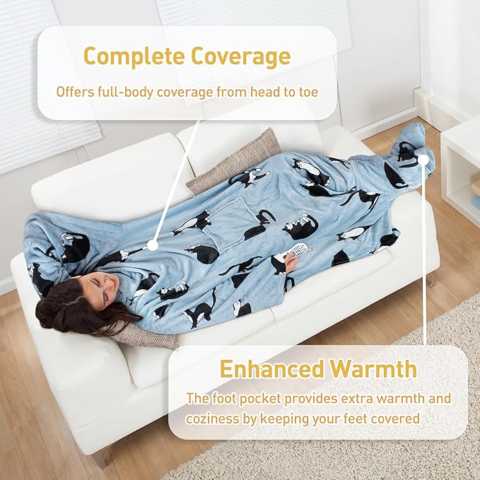 Catalonia Wearable Fleece Blanket with Sleeves and Foot Pockets for Adult Women Men, Micro Plush Comfy Wrap Sleeved Throw Blanket Robe Large, Wondercat Grey