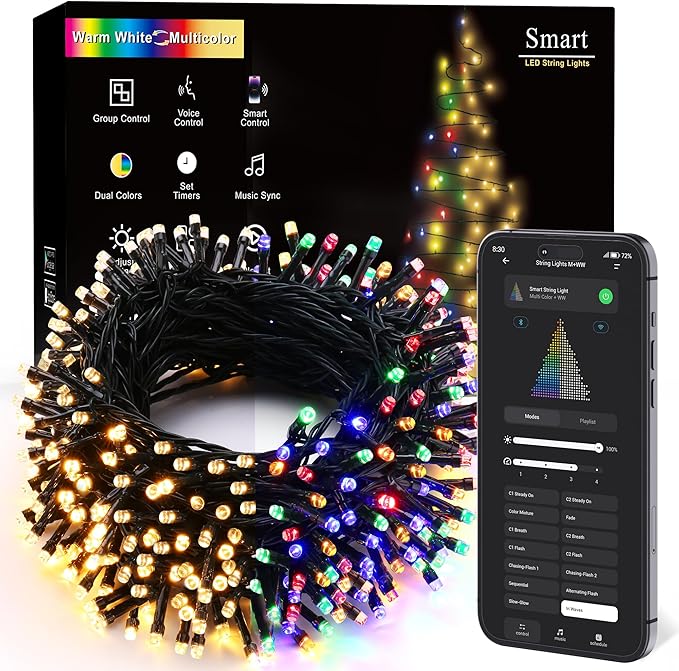 BrizLabs Color Changing Smart Christmas Lights, 115ft 300 LED App & Voice Control Christmas String Lights, Warm White Multicolor Mini Light, Dimmable Xmas Light Music Sync for Holiday Party Tree Decor