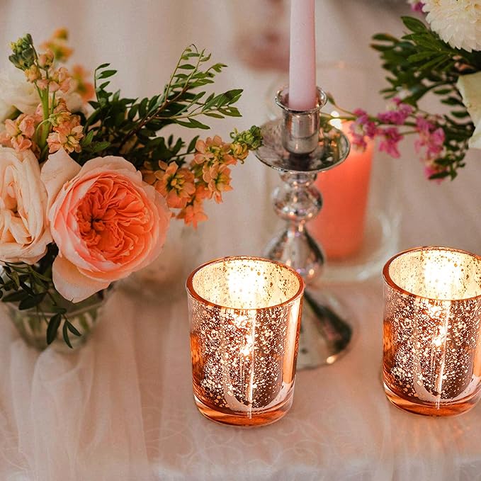 24 Pcs Rose Gold Votive Candle Holders, Speckled Mercury Rose Gold Glass Candle Holder Bulk for Wedding Centerpiece Table Decor, Tea Lights Candle Holder for Valentines Day Decor, Home Decor
