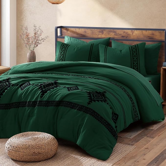 MaiRêve Embroidery Queen Size Comforter Set Emerald Green, Boho Farmhouse Western Bedding Set 7 Pieces, All Season Bed in A Bag Comforter Set with Sheets, Pillowcases & Shams