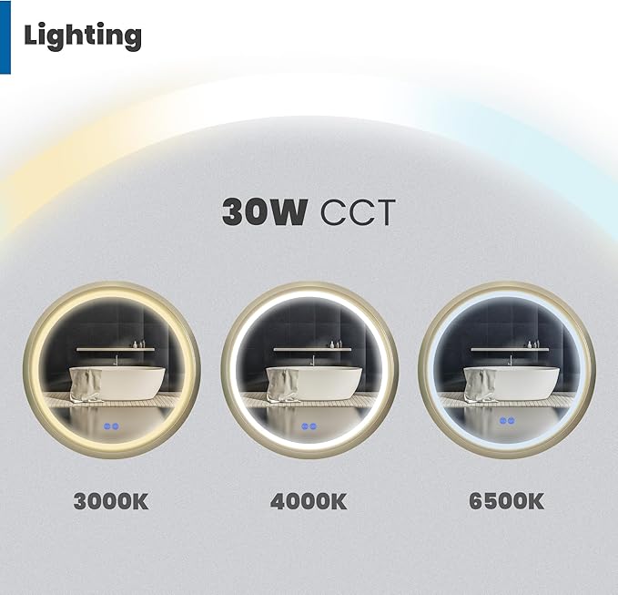 Round LED Mirror 24 Inch for Bathroom, Gold Metal Frame Lighted Vanity Mirror,Wall Mounted Circle with Lights,6000K Anti-Fog & Dimmable Touch Switch