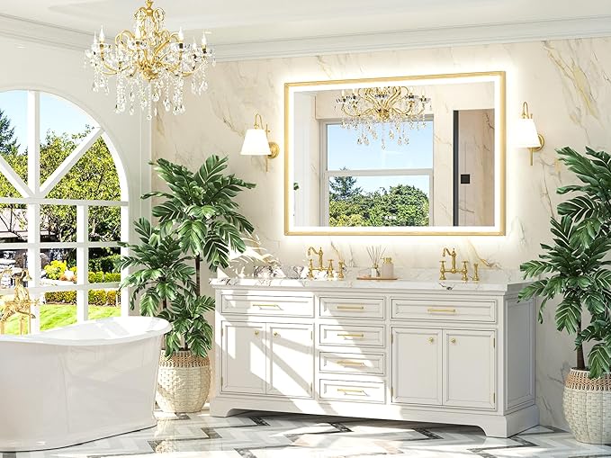 TETOTE 60x40 LED Bathroom Mirror with Lights Gold Frame Frontlit & Backlit Lighted Vanity Mirror Baroque Anti Fog Dimmable White/Warm/Natural,CRI90+,Waterproof,Wall Mounted(Horizontal/Vertical)