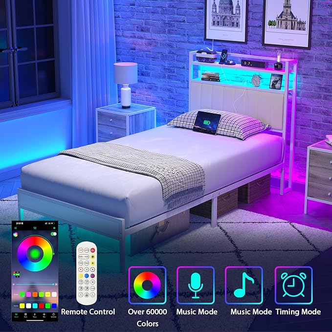 Twin Size Bed Frame with Charging Station and LED Lights, Metal Bed Frame with Headboard, White Upholstered Headboard with 2-Tier Storage Shelves, Noise Free, No Box Spring Needed, White