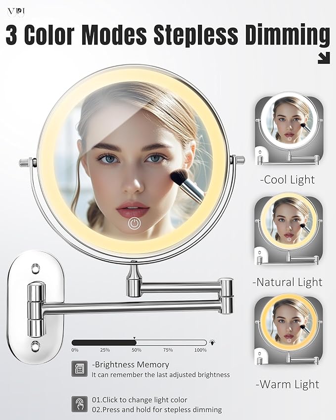 Wall Mounted Makeup Mirror with Light, 20X/1X 8'' Double Sided LED Magnifying Bathroom Lighted Vanity Mirror with Magnification, 3 Color Light up Touch Dimmable Extended Arm 360 Rotation