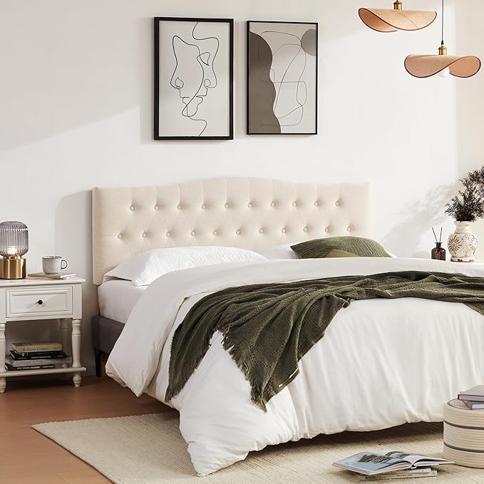 Tufted Upholstered Headboard California King, Sturdy and Durable Solid Wood Bed headboard, Fabric Headboard Adjustable Height from 37” to 51”, Button Diamond Design Head Board, Beige