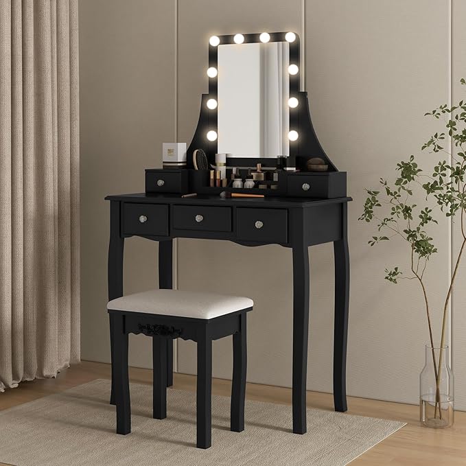 CHARMAID Vanity Desk with Mirror and Lights, Makeup Vanity Table with 5 Storage Drawers, 3 Color Lighting Modes, Adjustable Brightness, Modern Bedroom Dressing Table with Vanity Stool, Black