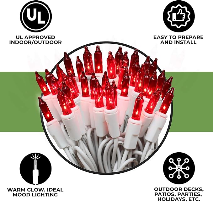 612 Vermont 100 Red Christmas Lights on a White Wire String, UL Approved, Indoor and Outdoor Use, 18’ of Lighted Length, 20’ of Total Length