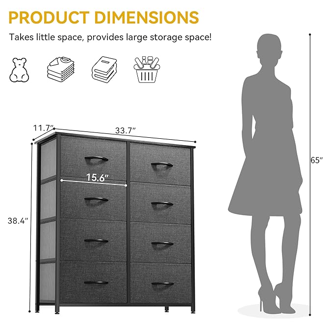 DWVO Dresser for Bedroom, Fabric Dresser with 8 Drawers, Chest of Drawers for Closet, Living Room