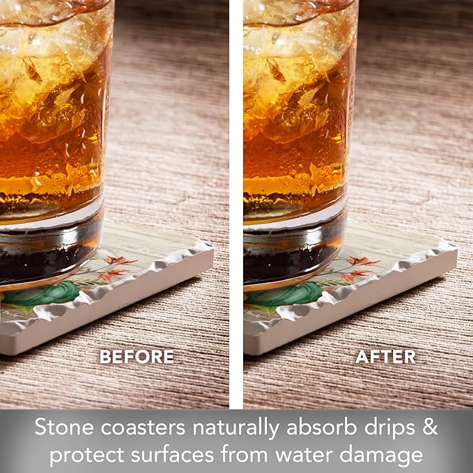 Thirstystone Autumn Gnomes 4 Pack Assorted Tumbled Tile Stone Coasters with Protective Cork Backing 4" Square Manufactured in The USA