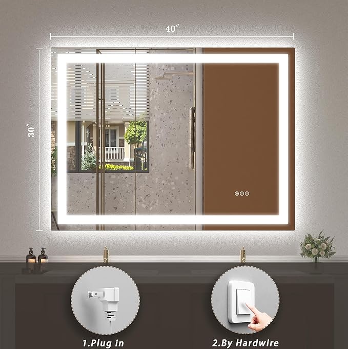 40 x 30 Inch Lighted LED Bathroom Mirror for Wall, Lighted Vanity Mirror for Wall, Dimmable, Anti-Fog, Shatter-Proof, ETL Listed (Front Lights + Backlit)