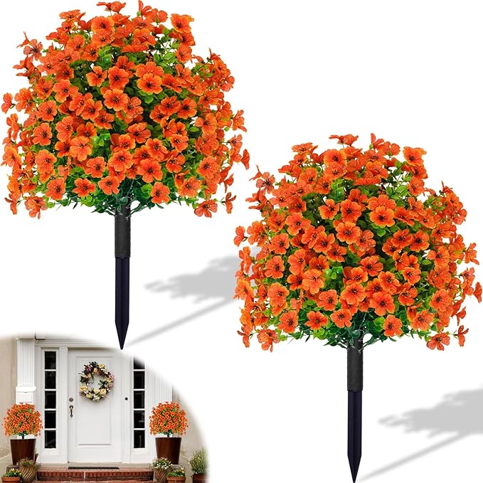 2-Pack 22 Inch Fall Outdoor Artificial Plants with Stake, Imitation Boxwood Flower Balls UV Resistant Fake Green Plants Bushes for Yard Patio Front Door Decoration