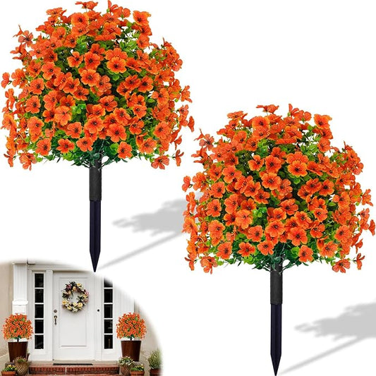 2-Pack 22 Inch Fall Outdoor Artificial Plants with Stake, Imitation Boxwood Flower Balls UV Resistant Fake Green Plants Bushes for Yard Patio Front Door Decoration