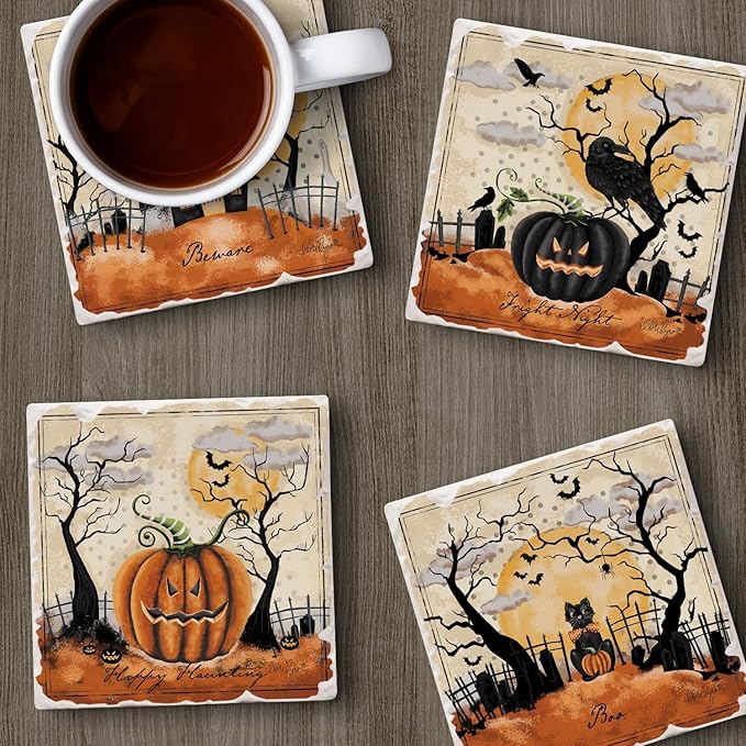 Thirstystone Haunted Valley 4 Pack Assorted Tumbled Tile Stone Coasters with Protective Cork Backing 4" Square Manufactured in The USA