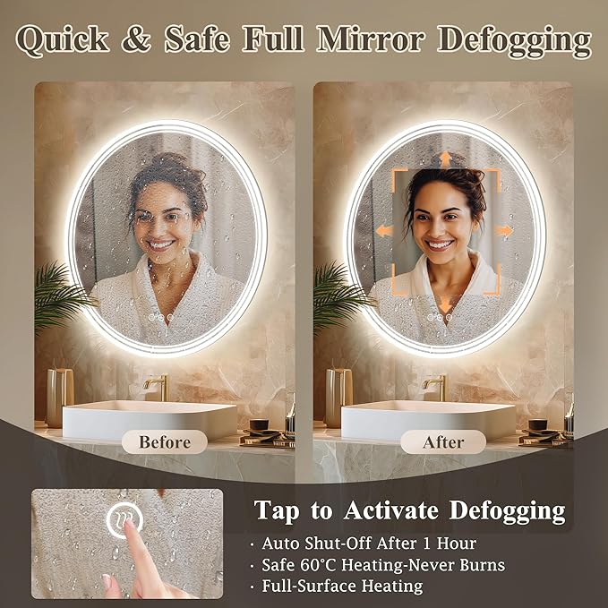 36''x36'' Lighted Mirrors for Bathroom Wall Backlit + Front Lit, Round LED Bathroom Mirror Frameless with Lights Anti Fog, Dimmable, 3 Colors,Tempered Glass, Shatter-Proof