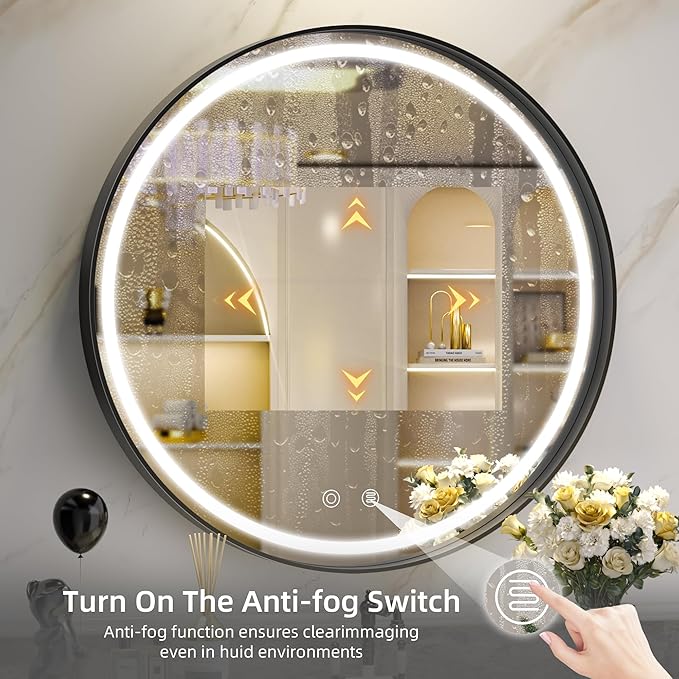 Hasipu 32 Inch Round LED Mirror for Bathroom with Lights, Black Circle Vanity Mirror for Wall, Metal Framed Frontlit Bathroom Mirrors Anti-Fog, Dimmable, 3 Colors Lighted Makeup Mirror Wall Mounted