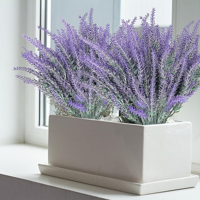 TURNMEON 20 Bundles Artificial Lavender Flowers for Outdoors, UV Resistant Fake Plants Artificial Plastic Faux Plants for Home Window Box Planter Porch Gardens Cemetery Summer Decor(Gray Purple)