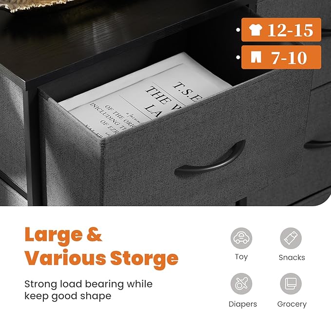 Sweetcrispy Dresser for Bedroom, Fabric Dresser with 8 Drawers, Tall Double Dresser, Chest of Drawers for Closet, Living Room, Sturdy Steel Frame, Wooden Top, Easy Pull Handle, Grey