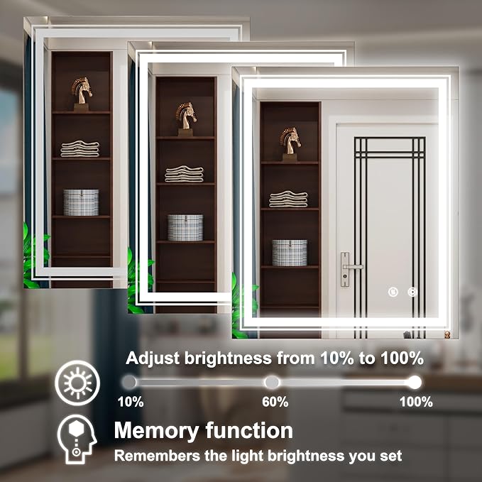 30 x 36 Inch LED Mirror for Bathroom with Lights, Frameless Lighted Bathroom Vanity Mirrors, Stepless Dimmable, Anti-Fog, Memory Funtion, Wall Mounted, Horizontal/Vertical