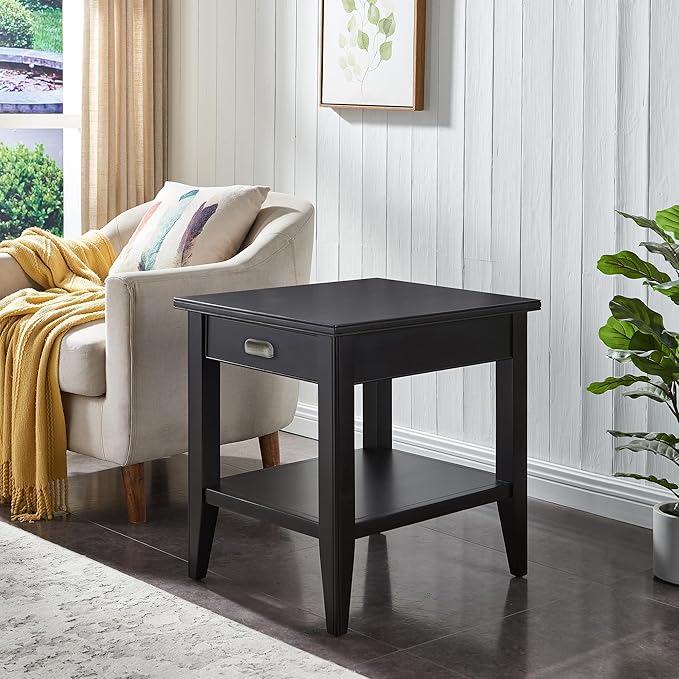 Laurent Narrow Solid Wood Side End Table with Shelf and Drawer, Smoke Gray Wash – Leick Home, 10506-GR