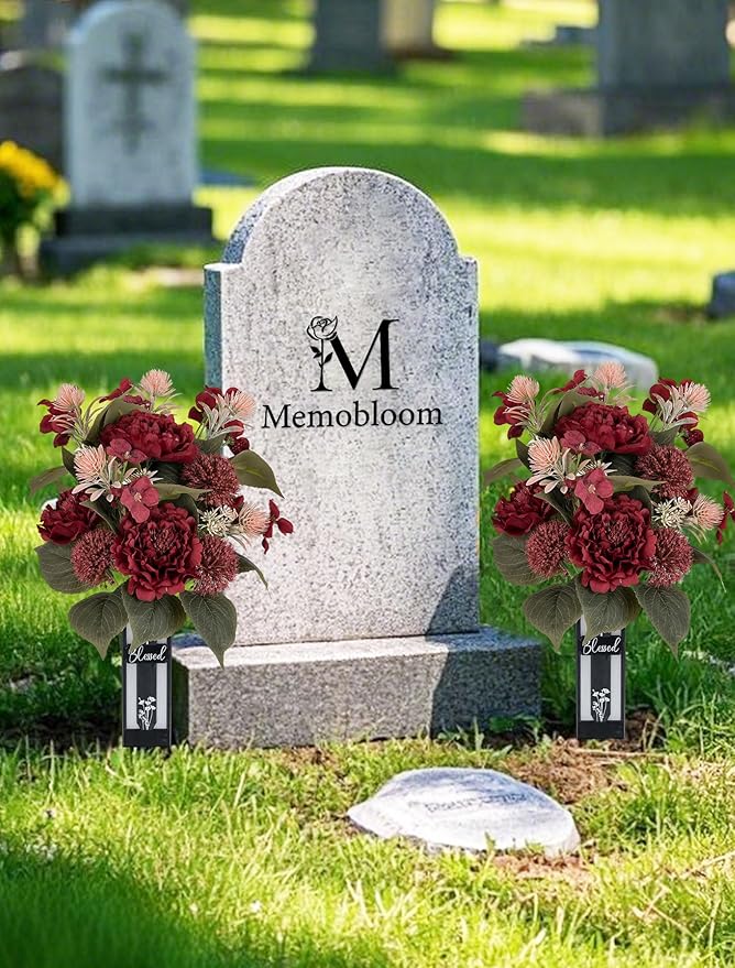 Red Cemetery Flowers for Grave: 2 Pcs Peony Grave Flower Bouquets for Cemetery Decorations - Christmas Outdoor Gravesite Flowers with Vase