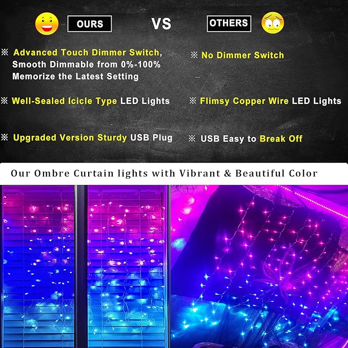 Pink Purple & Blue Ombre Fairy Curtain Lights with Dimmer Switch, Ombre Rainbow LED Icicle String Curtain Lights for Girls Room, Bedroom, Teen Room, Kids Room, Wedding, Christmas Gift, Mermaid Décor