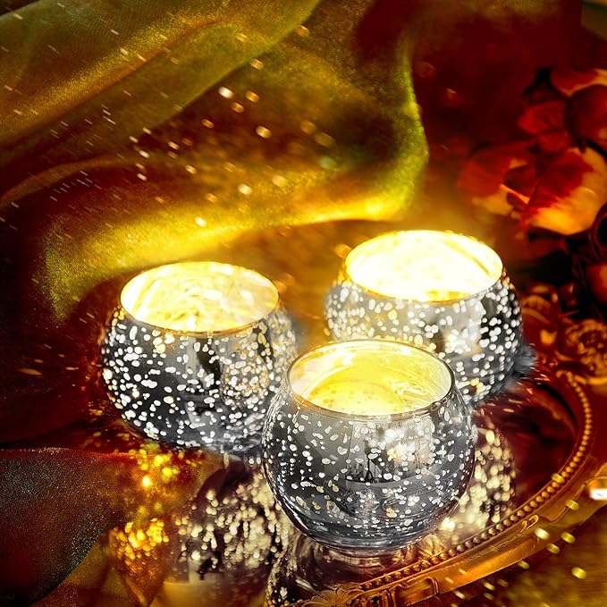 Rtteri 12 Set Votive Candle Holders Wedding Centerpiece Table Decorations Speckled Mercury Glass Votive Candle Holders with Tea Lights Birthday Party Decorations for Home (Silver)
