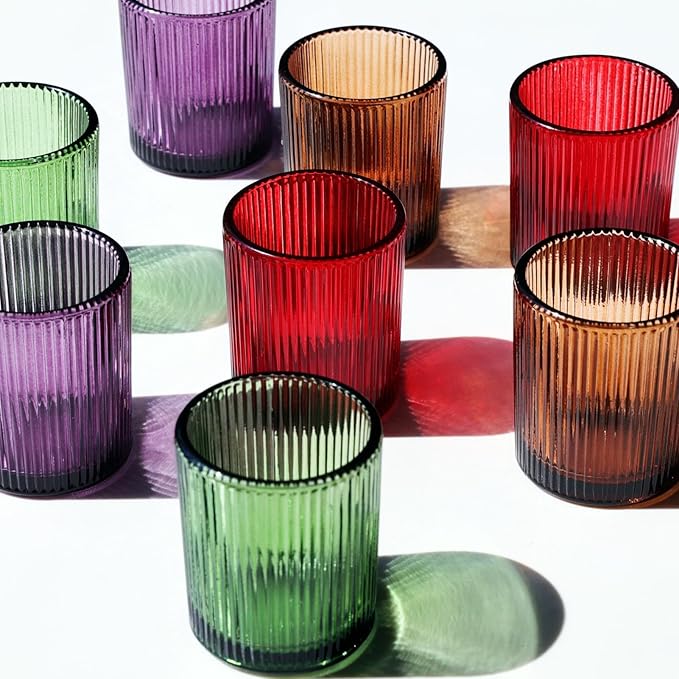 VOHO 4 Colors Ribbed Votive Candle Holders for Fall Decor, Set of 12 Tealight Candle Holder Easter/Halloween/Thanksgiving Decorations, Christmas Tea Light Candle Holder Glass Dining Table Centerpiece