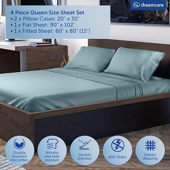 DREAMCARE Queen Size Sheets - Cooling Bed Sheets - 4pcs Set - up to 15" Deep Pocket Queen Sheet Set - Sheets Queen Size Bed - Soft & Long Lasting 100% Fine Microfiber with Side Pocket - Mineral Blue