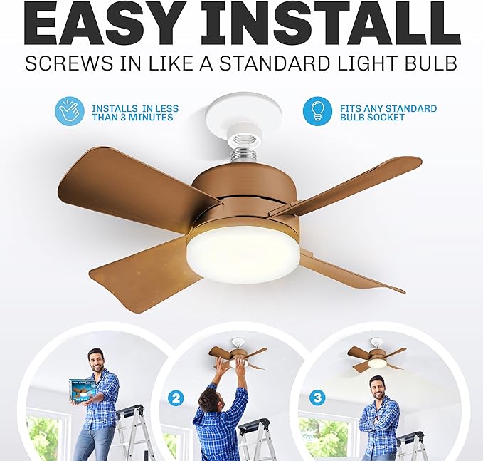 Bell+Howell Socket Breeze Socket Fan Light with Remote, Portable Small Ceiling Fans with Lights for Bedroom, Kitchen, Living Room, Ceiling Fan with Light 3500K, 1000 Lumens, Screws into E26/E27