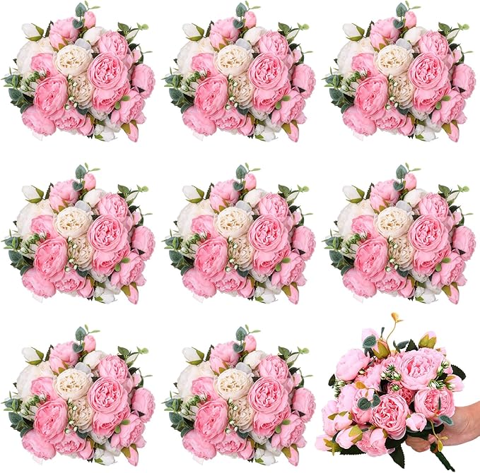 Hoteam 24 Bundles Artificial Peonies Flowers Wedding Faux Flowers Silk Peony Bouquet Bulk Bride Fake Florals Arrangements for Table Centerpieces Wedding Party Vase Decor (Light Pink, White)