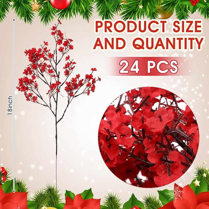 Lyrow 24 Pcs Red Babys Breath Artificial Christmas Picks Decoration Xmas Fake Flowers Stems Gypsophila Bushes Floral Arrangement Bulk for Home Indoor Table Decor(Red)