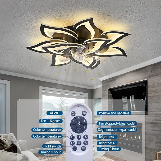 Modern Ceiling Fan with Lights Remote Control, 32" Black Ceiling Fan with Light, 6 Speeds 3 Light Color Low Profile Flush Mount Ceiling Fan for Kitchen Bedroom