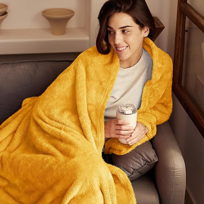 Exclusivo Mezcla Plush Fuzzy Fleece Throw Blanket Extra Large, Super Soft, Fluffy and Warm Blankets for Couch, Bed, Suitable for All Seasons (50x70 Inches, Mustard Yellow)