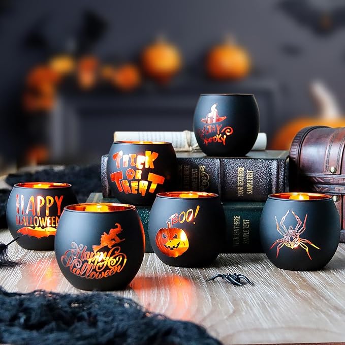 WDHODEC Halloween Candle Holders 6 Pieces Black Glass Votive Candle Holder for Halloween Wedding, Party, Table Centerpiece Décor Halloween Decorations Indoor and Outdoor