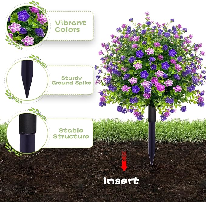 2 Pack Artificial Topiary Ball Trees Boxwood Shrubs with Spikes, UV Resistant Fake Flowers Bushes for Outdoor, Look Real Faux Plants for Porch Pathway Garden Yard Patio Halloween Decor -Purple