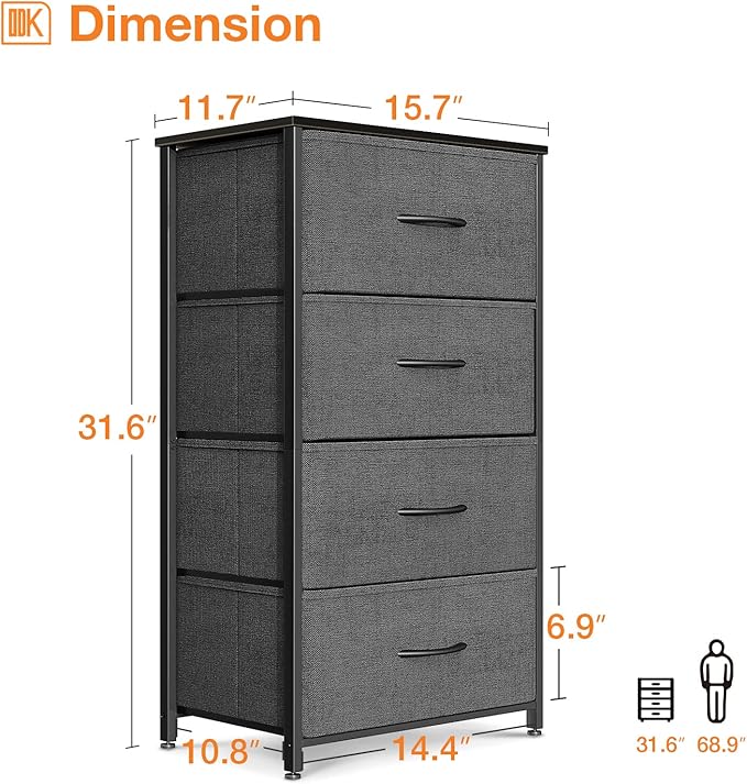 ODK Dresser for Bedroom with 4 Storage Drawers, Small Dresser Chest of Fabric Drawers with Sturdy Steel Frame, Wood Top, Dark Grey