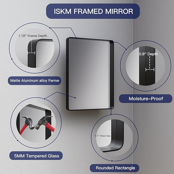 ISKM Black Bathroom Mirror for Wall 40" x 24" Matte Black Framed Vanity Mirror, Shatter-Proof, Tempered Glass, Rounded Rectangle Mirror(Horizontal/Vertical)