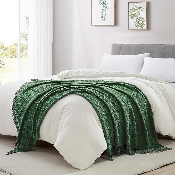 BOURINA Green Throw Blanket 50 x70 Inches Jacquard Argyle Throw Textured Solid Soft Throws and Blankets for Sofa or Bed Knitted Decorative Blanket