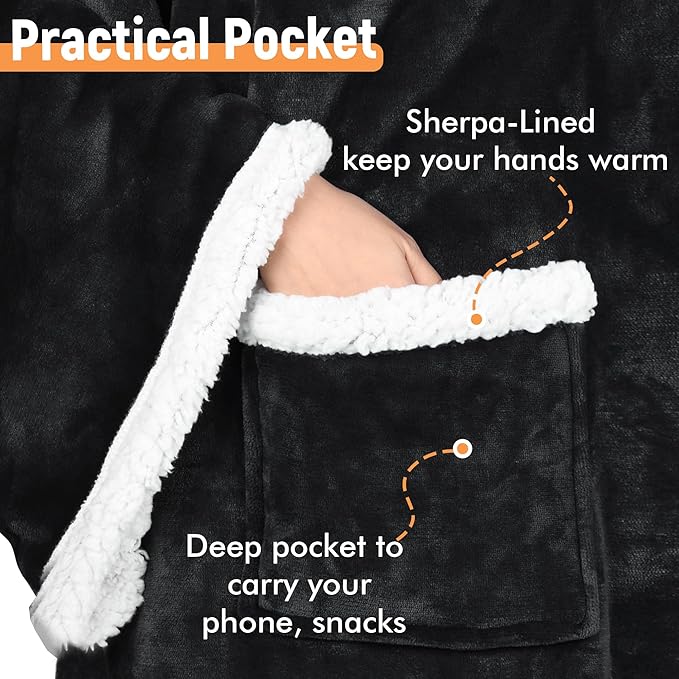 Catalonia Sherpa Wearable Blanket with Sleeves & Foot Pockets for Adult Women Men, Comfy Snuggly Wrap Sleeved Throw Blanket Robe, Gift Idea, Black