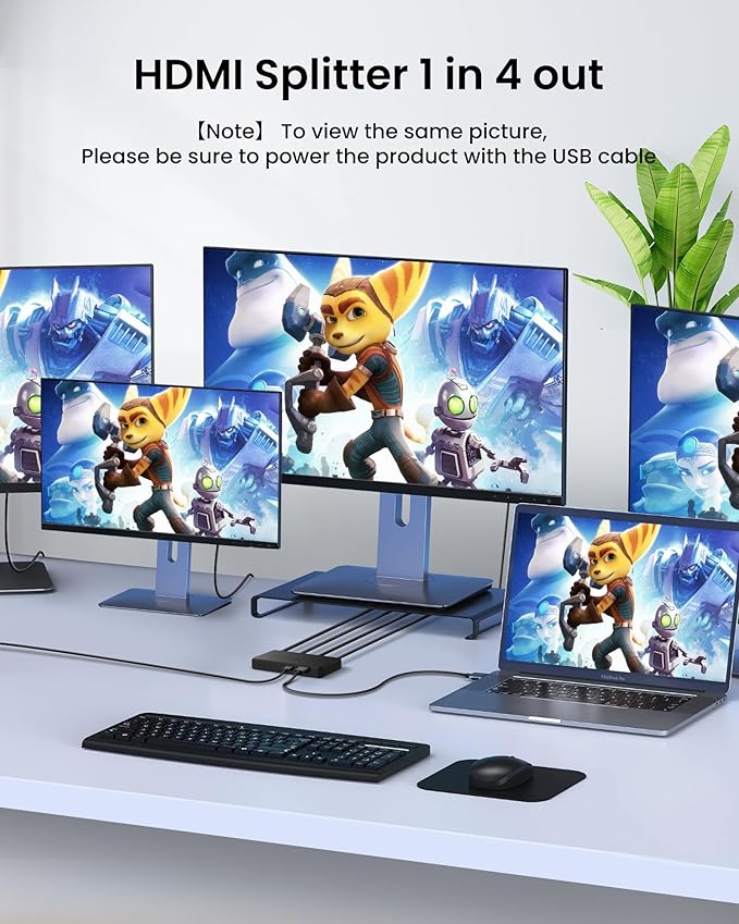 NEWCARE HDMI Splitter 1 in 4 Out Support Mirror 1 Source Screen to 4 HDM-I Display Devices(Not Extend), 4 Port Hdmi Splitters for 3D,1080P, UHD TV(Not Include HDMI Cable)