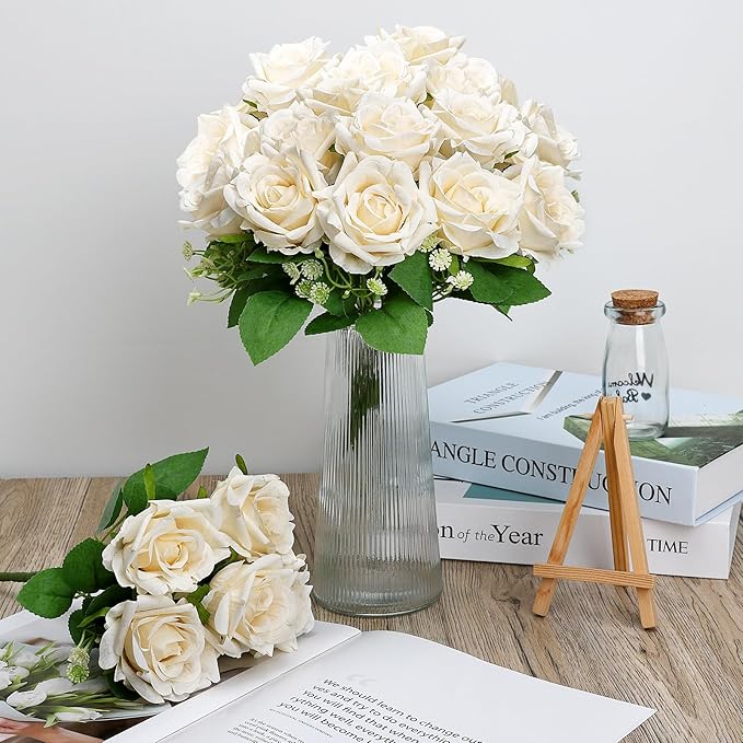 Artificial Roses Bouquets - 8 Bundles Fake Silk Flowers Realistic Faux Florals Bulk for Wedding Bridal Party Baby Shower Event Home Arrangements Centerpieces Decorations (Champagne)