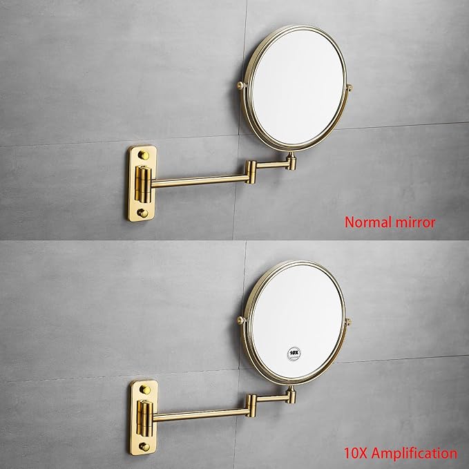 Gold 1x10x Double Sided Magnifying Bathroom Makeup Mirror 360 Degree Swivel Mirror Adjustable Telescopic Arm Wall Mount 8 Inch Non-Illuminated Beauty Mirror Shaving Mirror（Square Base）