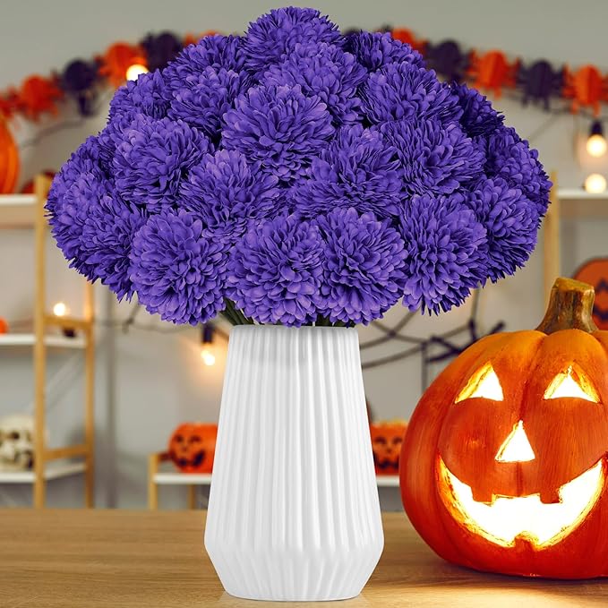 36 Pcs Purple Artificial Chrysanthemums Flowers Fake Mums Silk Vintage Ball Flower for Home Decor Indoor Floral Arrangement Table Centerpiece