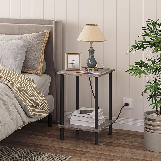 HOOBRO Side Table with Charging Station, Set of 2 End Tables with USB Port and Outlets, Nightstand with 2-Layer Storage Shelves for Small Spaces, Living Room, Bedroom, Greige and Black BG09UBZP201