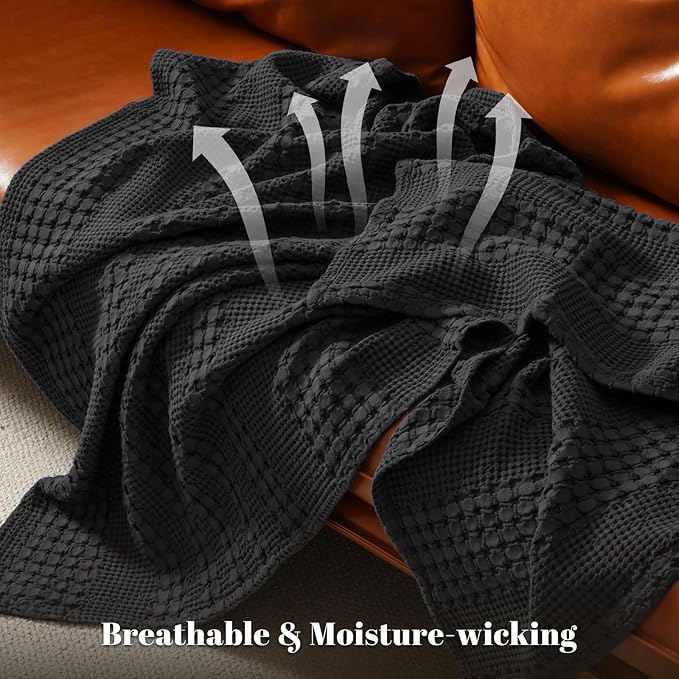PHF 100% Cotton Waffle Weave Blanket Twin Size for Bed, Soft Lightweight & Breathable, All-Season Comfort, Luxury Aesthetic Woven Bedding for Home Decor, 66"x90", Black