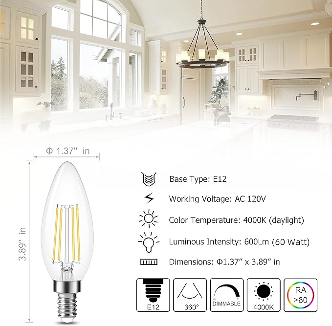 Cotanic Dimmable E12 LED Candelabra Bulb 4000K Daylight, Ceiling Fan Light Bulbs Small Base,60W Equivalent,Type B Bulb for Chandelier,Vintage B11 LED Candle Shape with Clear Glass,600LM,8 Pack